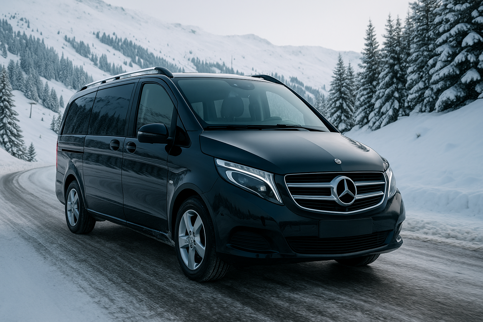 Mercedes Van noir sur route enneigée en Savoie